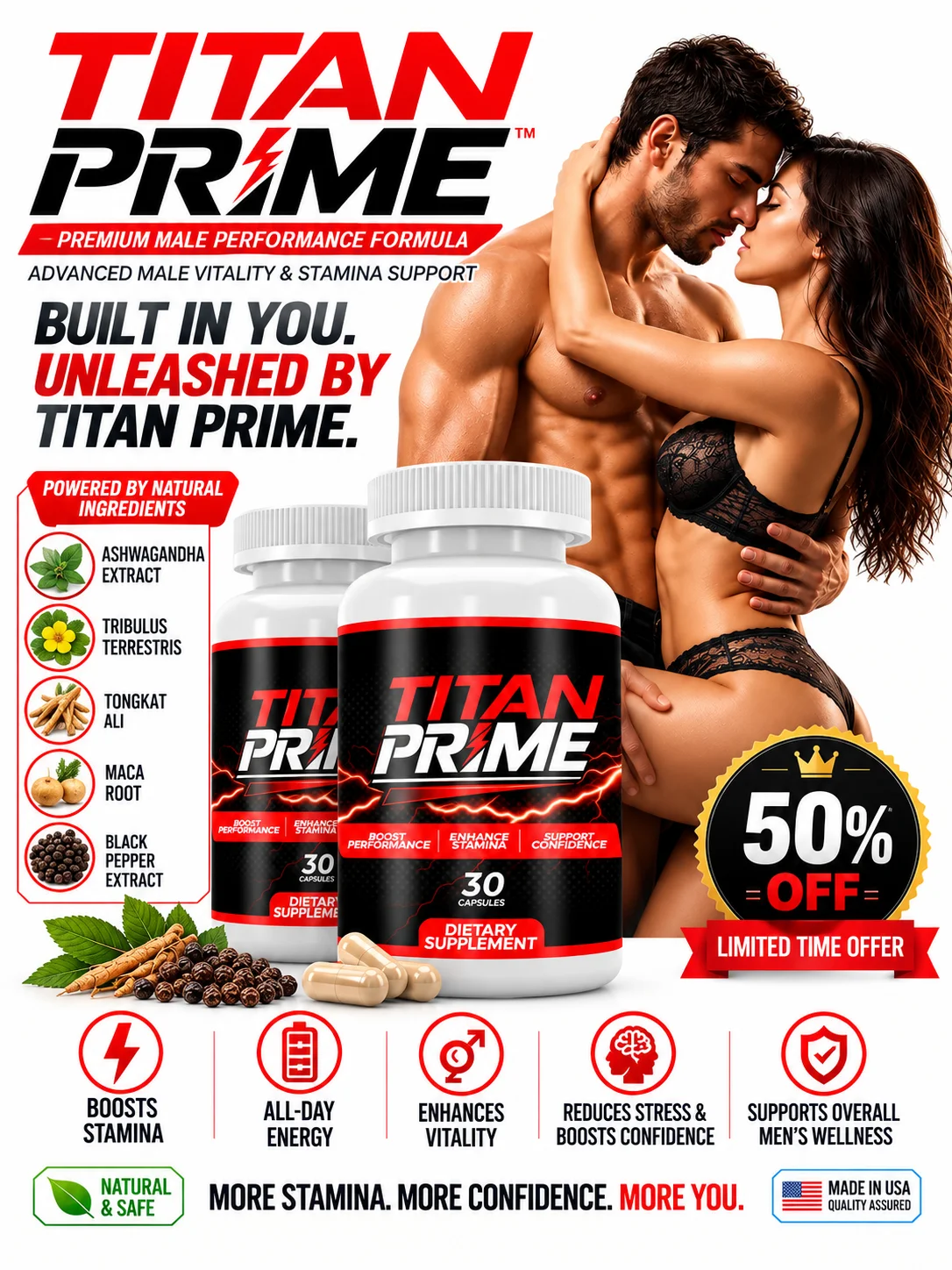TitanPrime men's wellness supplement bottles shown for product review
