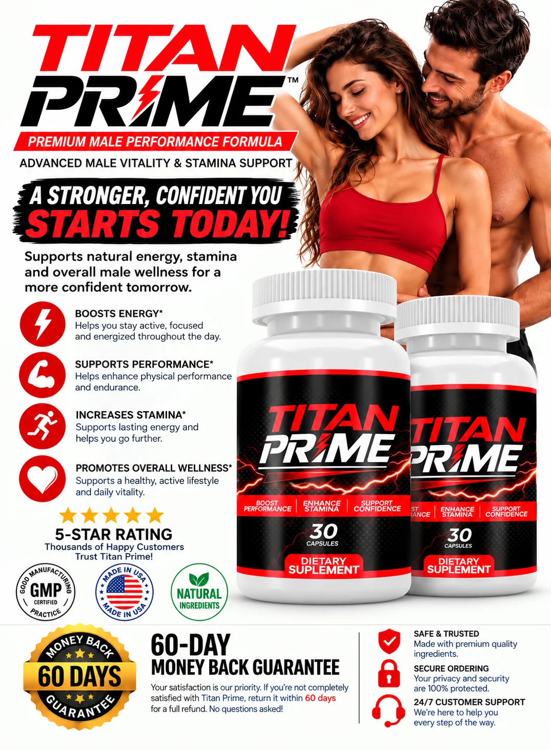 TitanPrime men's wellness supplement bottles displayed for product and usage information